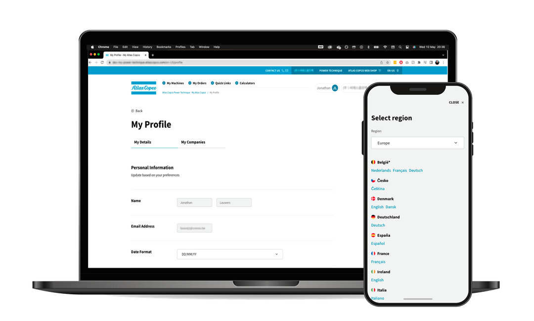 Atlas Copco profile page and language selector